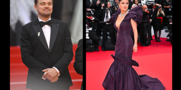 Salma Hayek Pinault & Leonardo Di Caprio wearing Alexander McQueen at the 76th Annual Cannes Film Festival